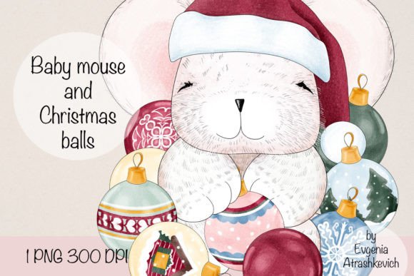 Baby Mouse Christmas Balls Illustrations for Digital Selling
