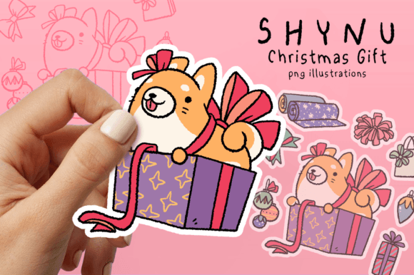 Christmas Gift Box Dog Ribbon Corgi Illustrations