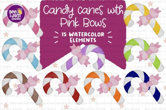 Christmas Sugarcane Pink Bow Watercolor for Illustrations