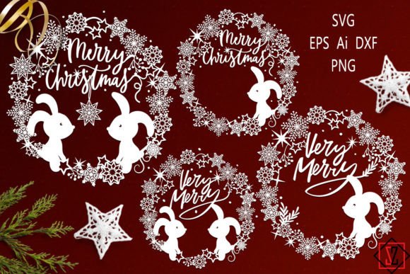 Christmas Wreaths with Bunnies SVG for Illustrations
