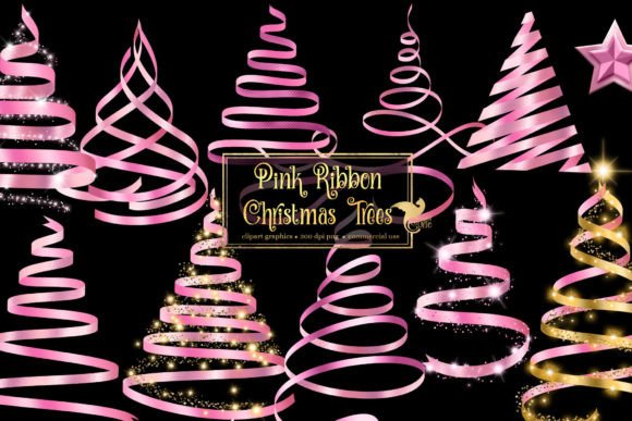 Pink Ribbon Christmas Trees Clipart for Festive Illustrations