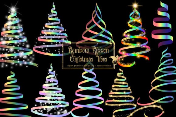 Rainbow Ribbon Christmas Trees Illustrations