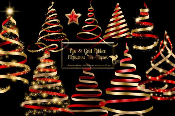 Red and Gold Ribbon Christmas Trees Illustrations