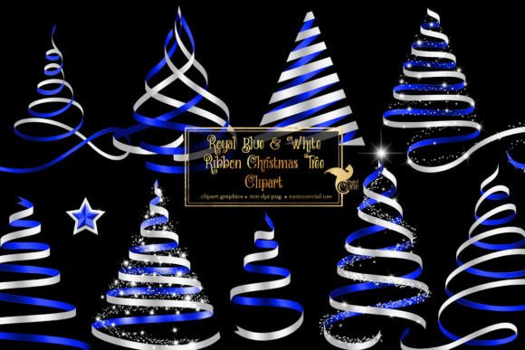 Royal Blue Ribbon Christmas Trees Illustrations