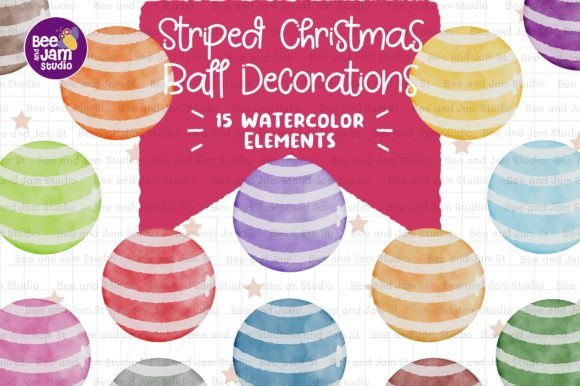 Striped Christmas Ball Watercolor PNG for Branding and Packaging