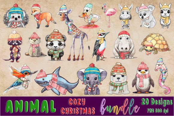 Watercolor Animals Cozy Christmas Bundle Illustrations