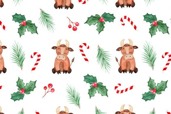 Watercolor Christmas Bulls Paper Illustrations