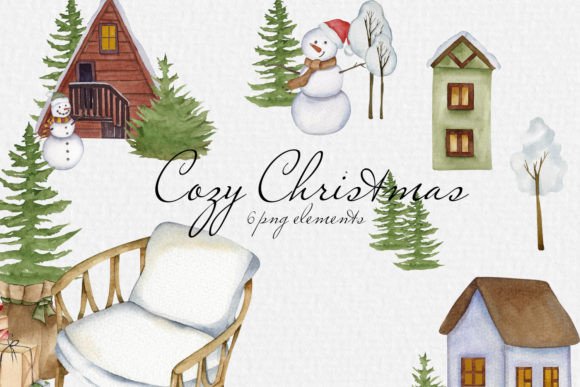 Watercolor Cozy Christmas Clipart Illustrations